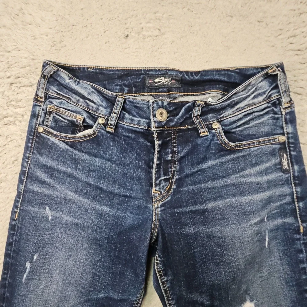 Silver Jeans Suki Capri Womens 31 Blue Denim Western Dark Wash Distressed Faded